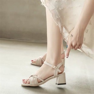 Women's Summer New Trendy Soft Leather Chunky Heel Fashion Versatile Gentle Fairy Style Ankle Strap High Heels