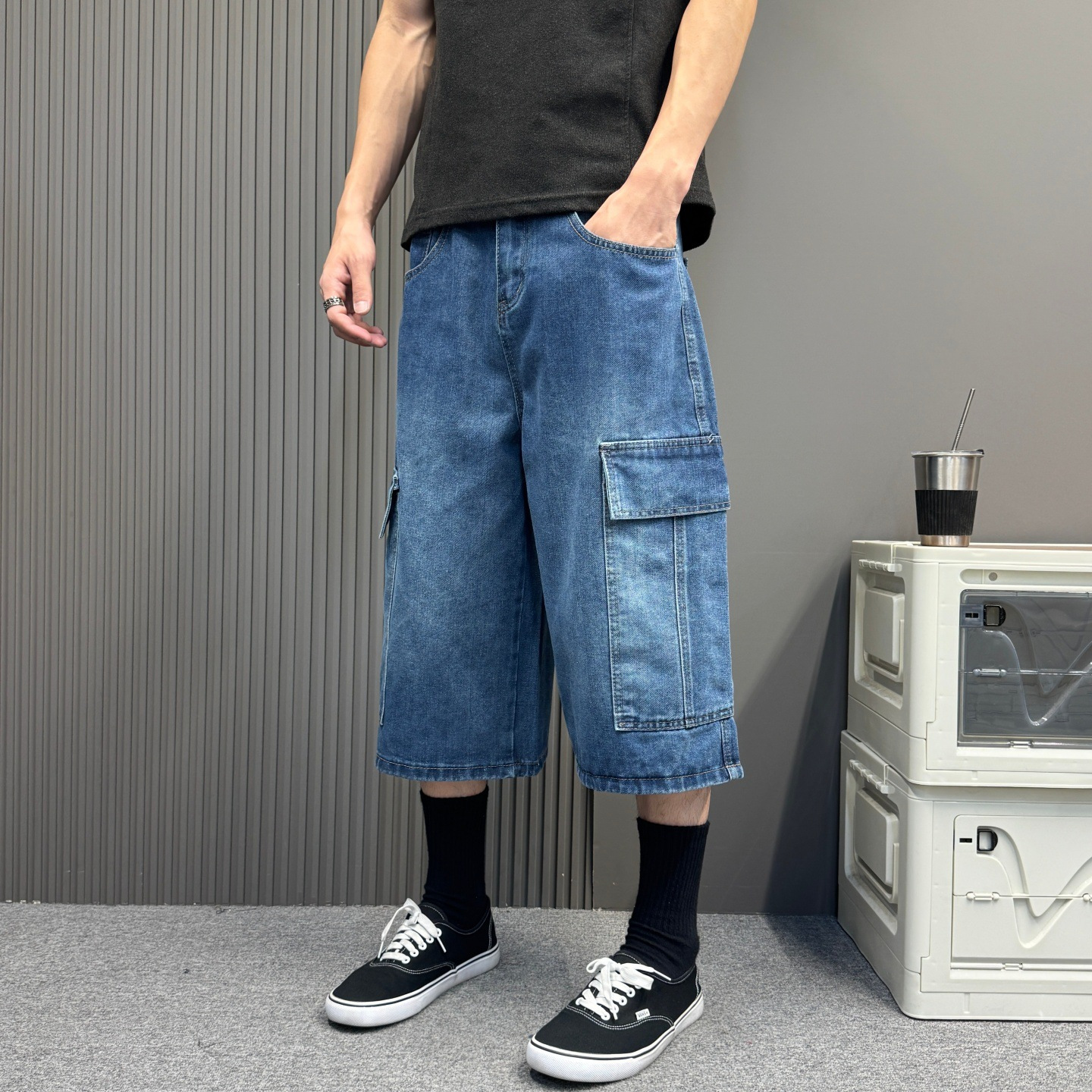 设计重工酵洗多口袋宽松户外工装风七分裤牛仔裤男女夏季百搭短裤