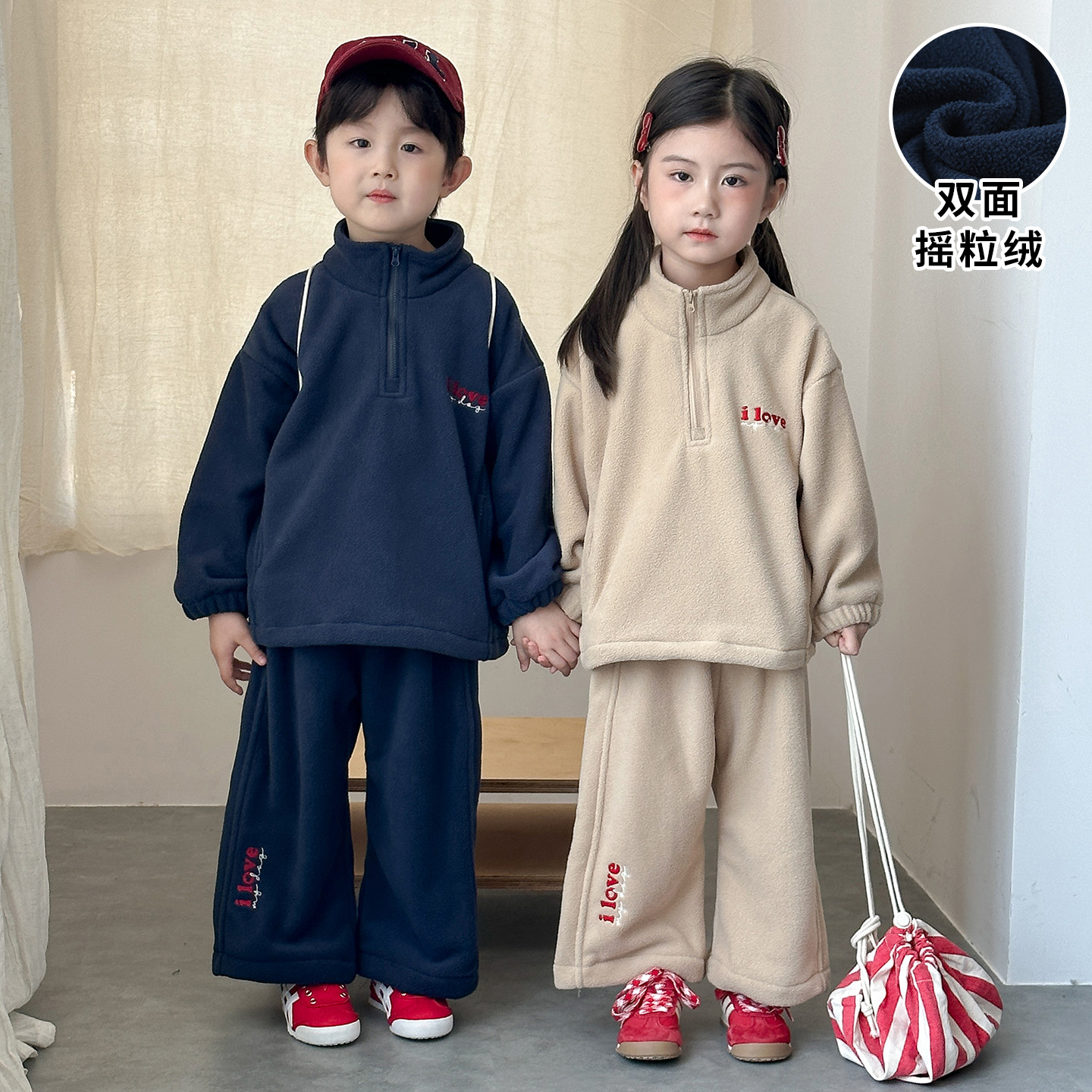 儿童秋冬季摇粒绒套装男童运动卫衣女童休闲加绒2025新款宝宝衣服