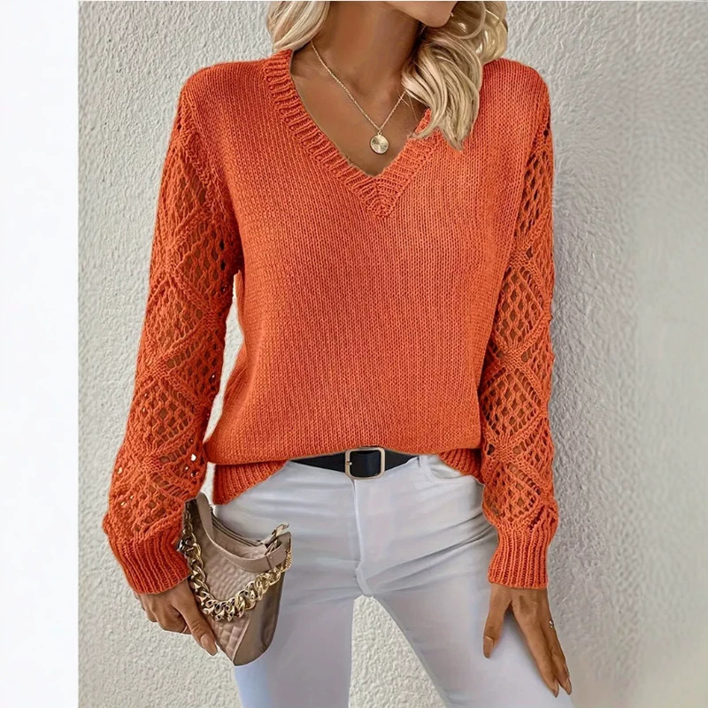2026 Amazon Cross-Border European and American New Style Hollow Long-Sleeve Pullover Loose Top Knitwear Round Neck Sweater Women's Clothing