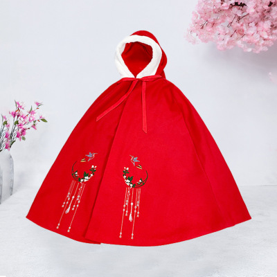 girl Cape cloak Fur collar Plush Thickened paragraph Autumn and winter go out Happy New Year children princess Antiquity Hanfu