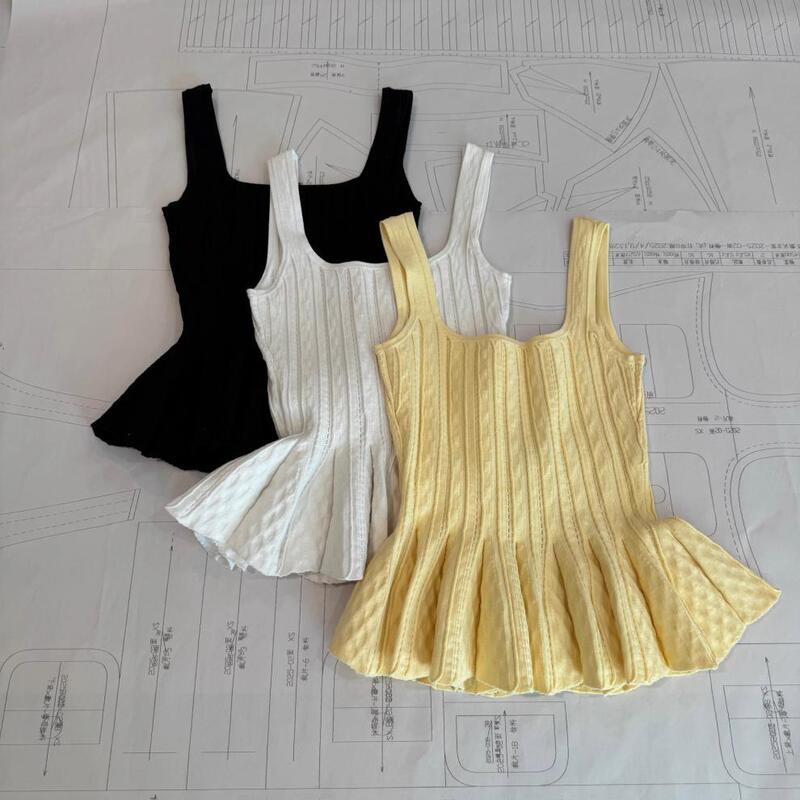 Casual Ballet Style Large Collar Pleated Skirt Double Zipper Design Knitted Suspender Top for Women