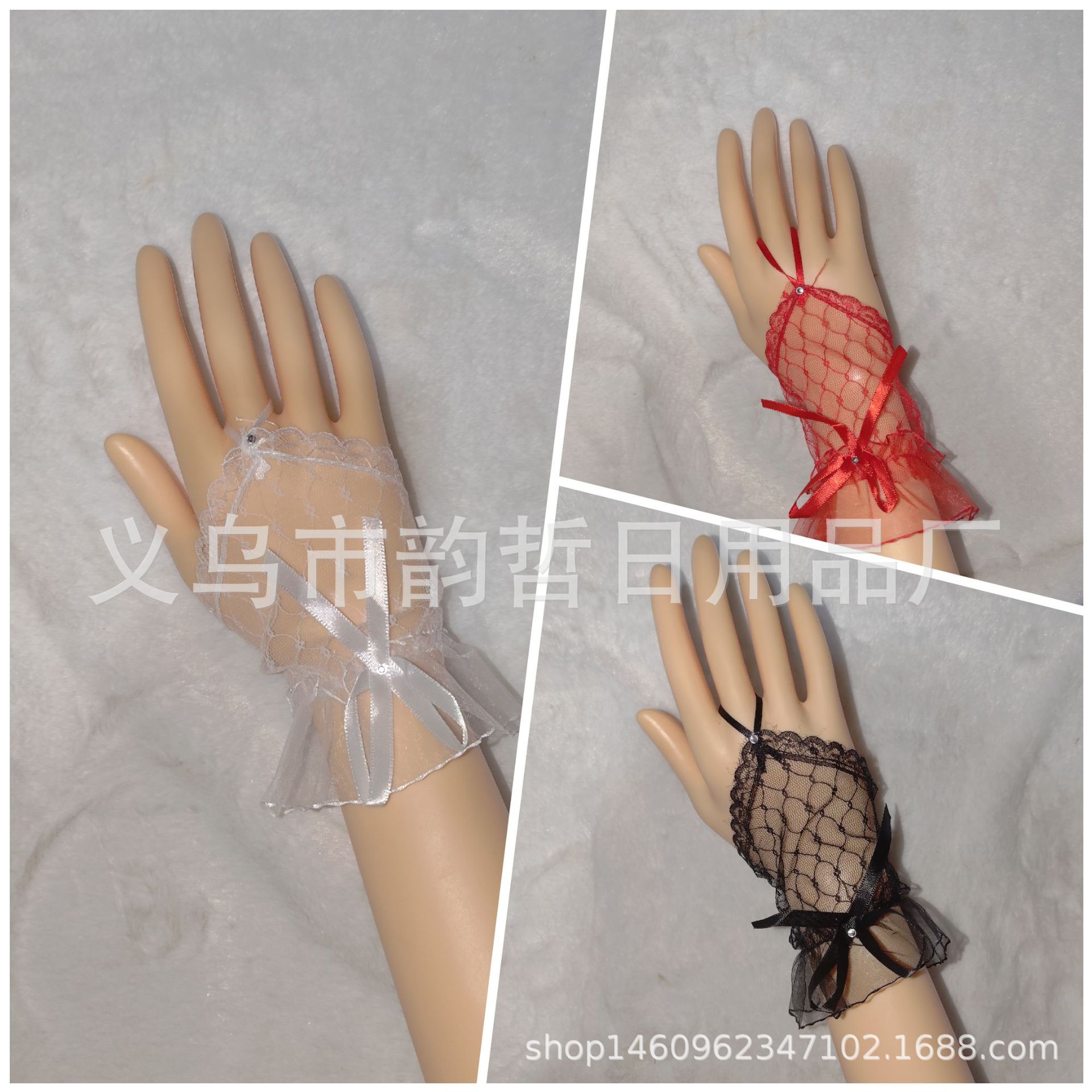 婚庆勾指黑色新娘婚礼仪演出主持礼服婚庆摄影薄纱短蕾丝红手套女