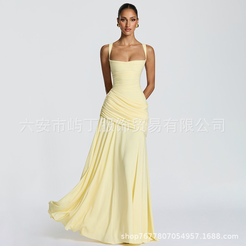 European and American Foreign Trade French Retro Style Slim-Fit Strapless Evening Dress for Women, Pleated Banquet Birthday High-End Dress