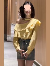 法式设计感露肩衬衫女2025新款夏季衬衣挂脖一字肩斜肩上衣感