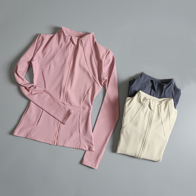 Slim fit sportvest voor dames, lente/herfst, lange mouwen, ritssluiting, opstaande kraag, ademend, geschikt voor fitness, hardlopen en bescherming tegen de zon._voghion.com