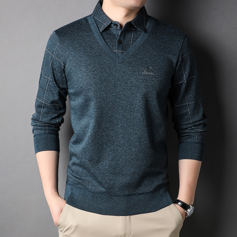 2025 Spring New Men's Knitted Sweater Casual Cotton Cardigan Fake Two-Piece Shirt Collar Bottoming Shirt Top