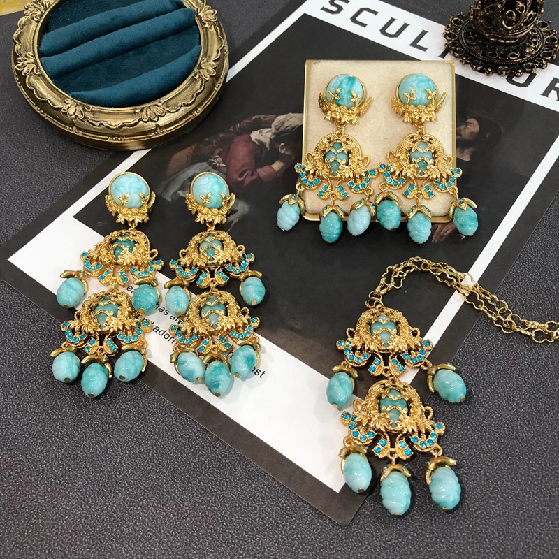 22g Weight Artificial Gemstones Inlay Material Retro Geometric Alloy Plating Artificial Gemstones Women's Earrings Necklace