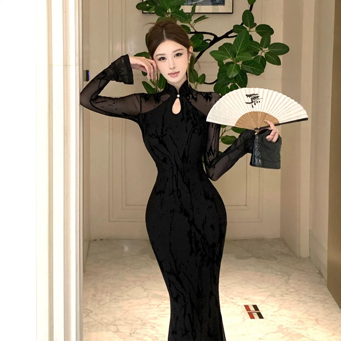 New Chinese-Style Improved Cheongsam Black Mesh Dress for Women, Autumn Sexy Slim-Fit Bodycon Long Dress 2025 Cheongsam Dress