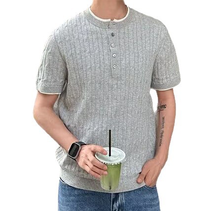 Camiseta de punto de manga corta camiseta hombre estriado textural agujero viejo viento de hielo seda fábrica transfronteriza al por mayor