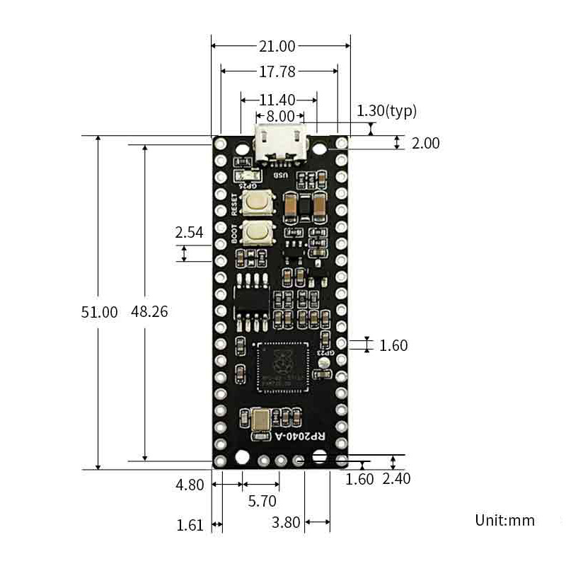 Rasserbi RP2040-A microcontroller development board is based on the official Pico RP2040 dual-core processor