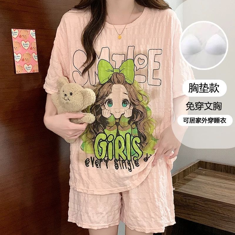 Pijamas transfronterizos al por mayor con almohadillas para el pecho, pantalones cortos de manga corta para mujer