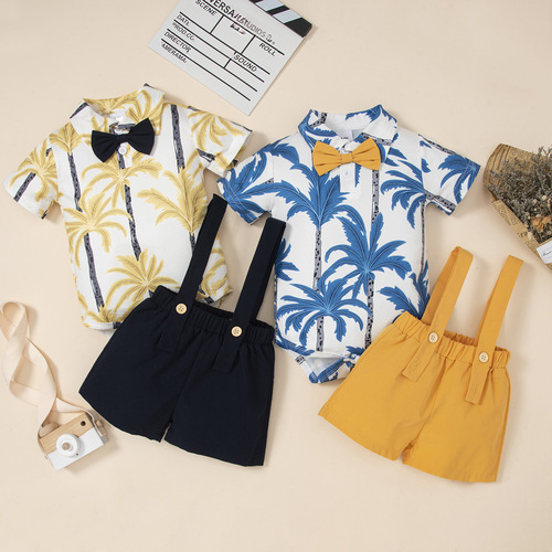 Amazon Cross-border Baby and Children Leaf Print Collar Bow Tie Gentleman Short Sleeve Bodysuit with Belt Pants Set