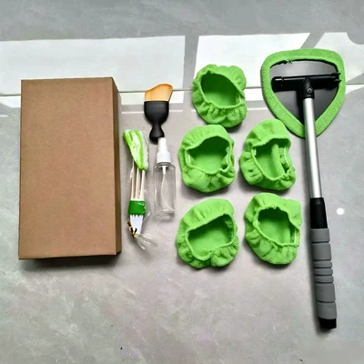 Window Wiper, Car Window Cleaning – Car cleaning tools - 6-green-cloth-covers-1-set-of-b-type-plastic-parts-1-spray-bottle-1-green-and-white-air-conditioner-brush-1-small-brushkraft-paper-box
