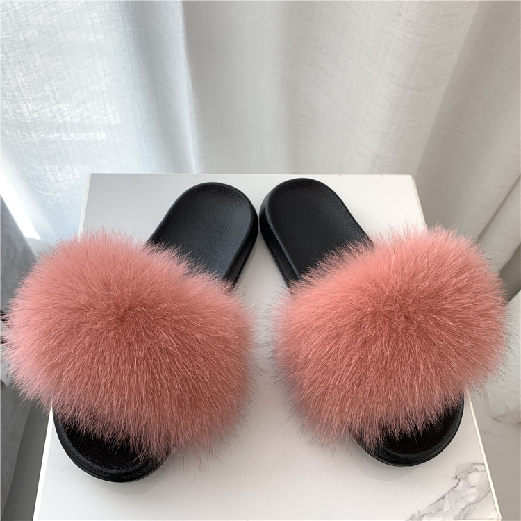 Zapatillas de pelo de zorro de moda damas una zapatilla de piel casera para usar zapatos de playa casuales zapatillas de piso plano