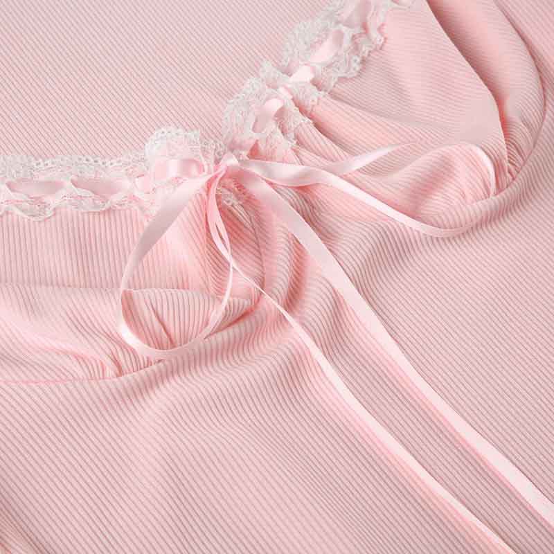 Sexy Girlish Lace Stitching Pleated Tie V neck Long Sleeve Dress Slimming Cinched Short Dress