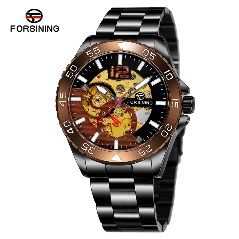 FORSINING8225 movimiento mecánico automático correa de acero puntero luminoso personalidad hueco fresco reloj los hombres