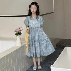韩系女中大童碎花连衣裙2026夏季新款蓝色长裙新款复古碎花裙