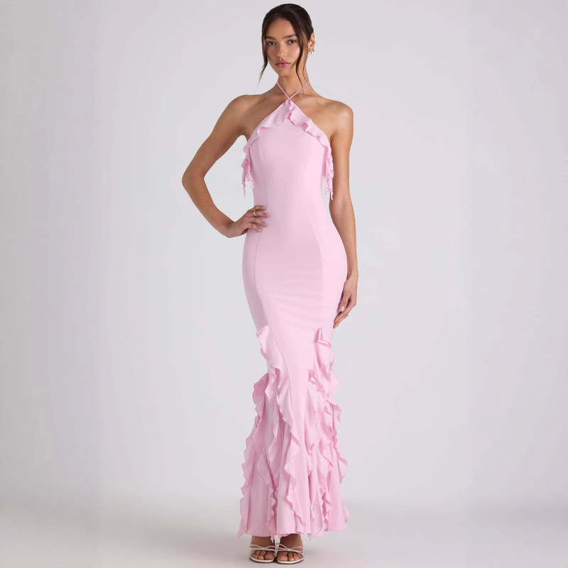 European and American Cross-Border Women's Clothing Summer Sexy Halter Neck Backless Hip-Hugging Ruffled Pleated Evening Dress Long Dress Hot Girl
