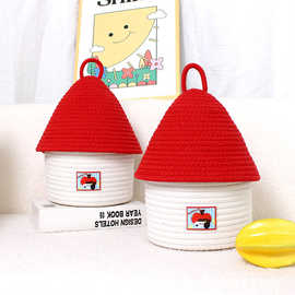 棉绳编织ins家居可爱创意客厅卧室带盖小房子收纳筐多功能装饰篮