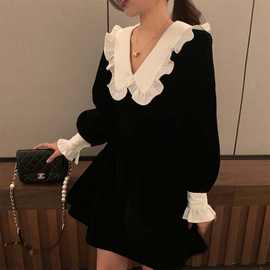 感娃娃领长袖黑色裙子女2024年早秋季新款收腰气质丝绒连衣裙