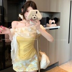 260克人棉韩系黄色花朵网纱斜肩一字肩短袖T恤设计感绝美短款上衣