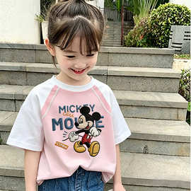 女童短袖T恤2026夏季新款中大童洋气拼接撞色儿童韩版圆领打底衫