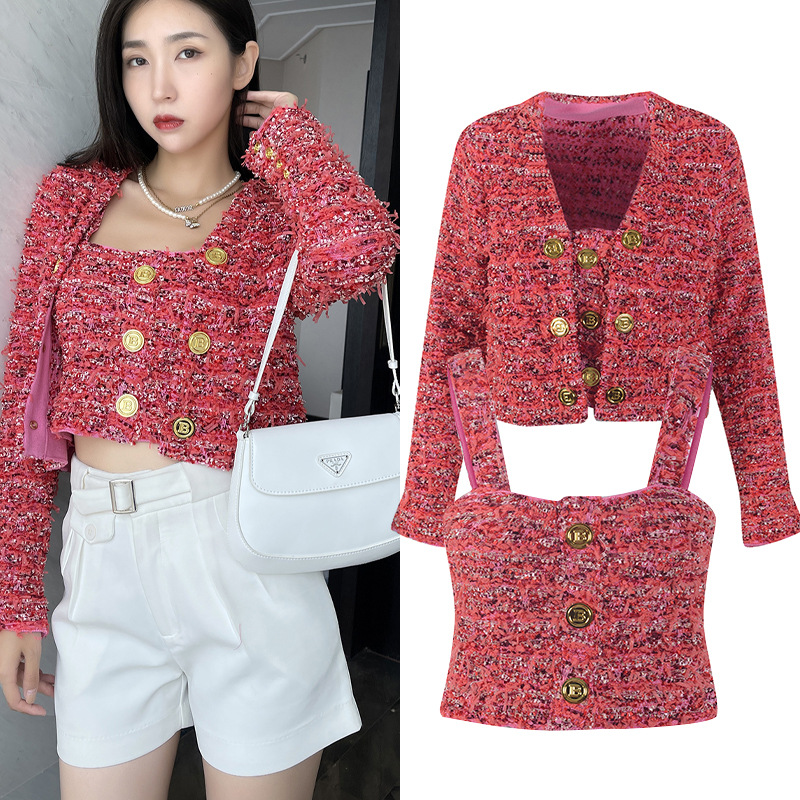 2021 autumn and winter New Red Letter buckle cardigan two-piece tassel sweater long sleeve women's coat