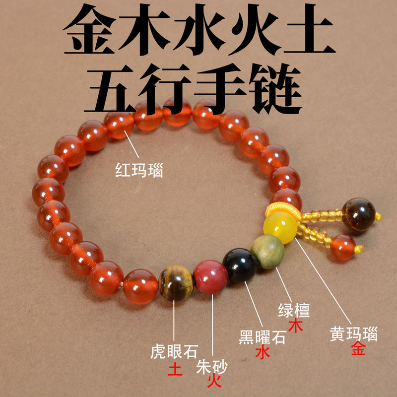 Wuxing Feng Shui Agate Round Bead Bracelet Tiger's Eye Cinnabar Obsidian Green Sandalwood Pale Round Beads Gold Wood Fire Earth