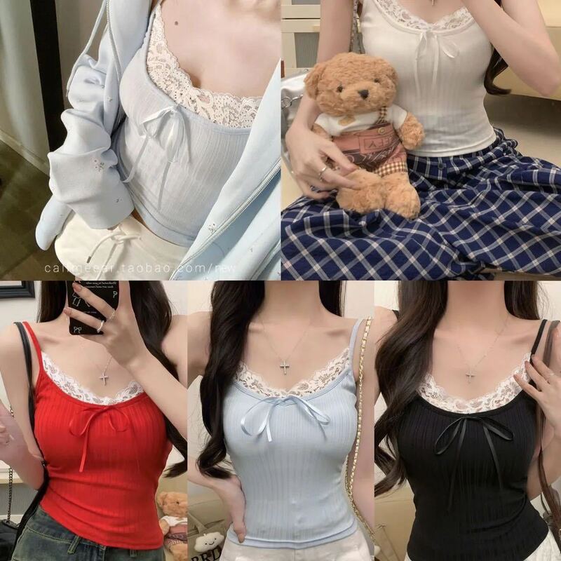 Lace Beautiful Back Sling Back Women's Heart New All-match Stacked Wear Inner Sweet Bow Top with Chest Pad Base Shirt