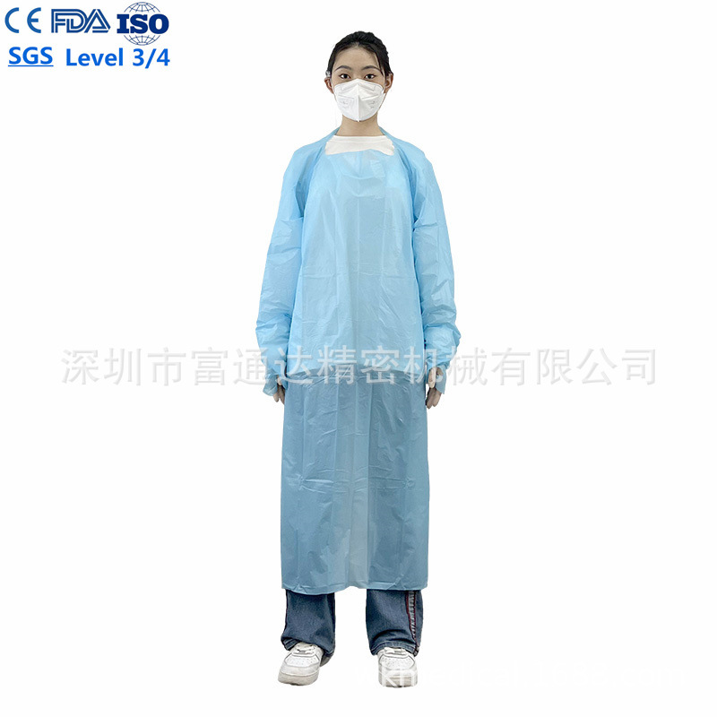 工厂现货一次性拇指扣围裙EN14126 蓝色防水SMS无纺布防尘清洁衣