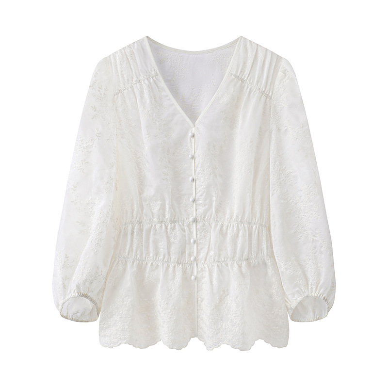 2025 Summer New Style Lantern Sleeve Tencel Embroidered Shirt Tight Waist Top French Shirt Women's E402F0106C10