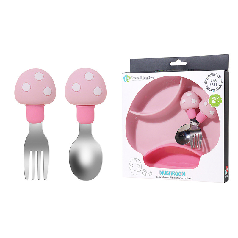 (New Product Direct Sale) Multi-Color Mushroom Silicone Baby Fork and Spoon Set 316 Children's Short-Handled Tableware for Feeding