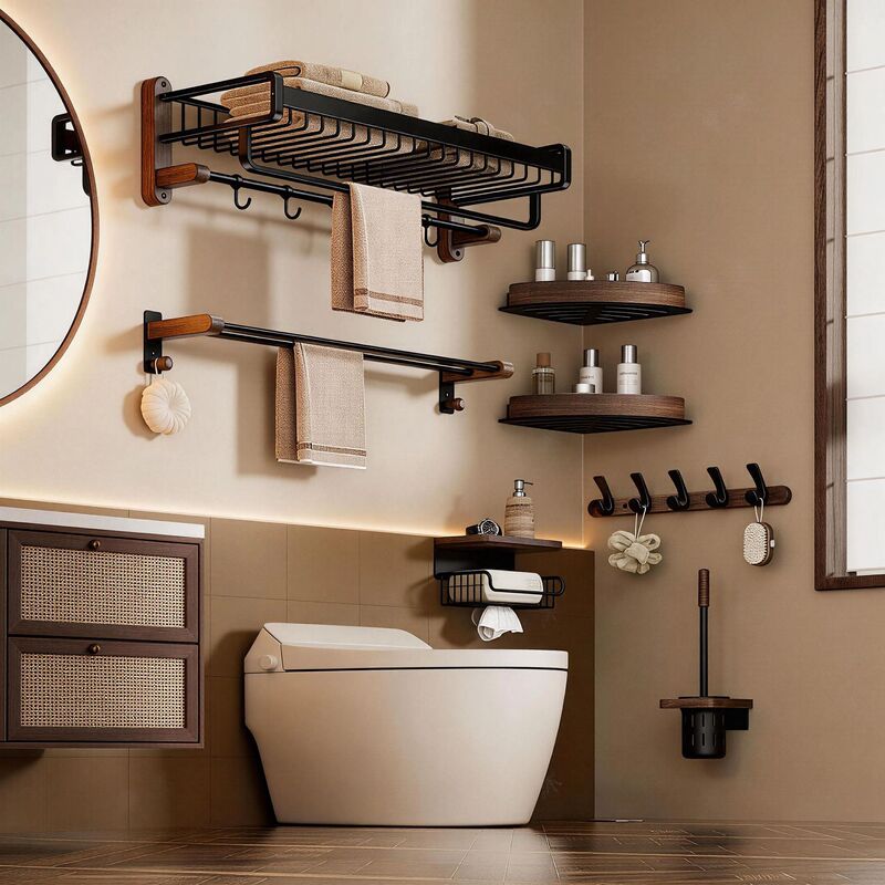 Light Luxury Solid Wood Black Walnut Towel Rack, No-Drill Bathroom Basket Storage Rack, Space Aluminum Bathroom Towel Rack