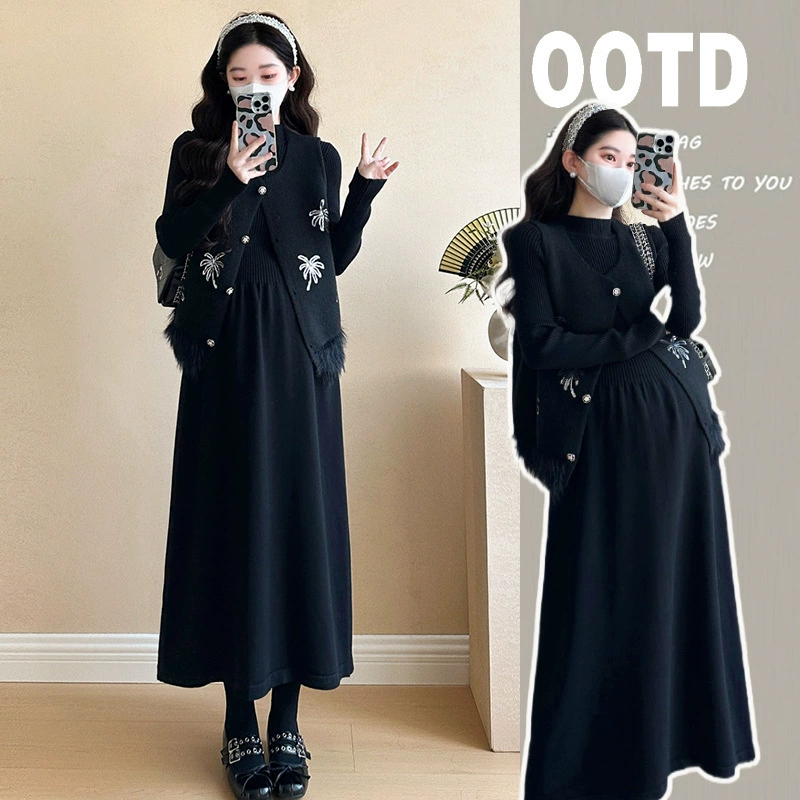 Платье для беременных 2024 осень-зима новая мода тяжелая промышленность с блестками и кисточками