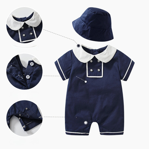 2024 Newborn Onesie Summer College Style Short Sleeve Baby Turtleneck Romper Korean Style Thin Baby Clothes Wholesale
