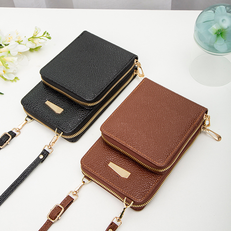 Women's delicate fabric practical multifunctional women's one shoulder double layer mobile phone bag retro wallet_voghion.com