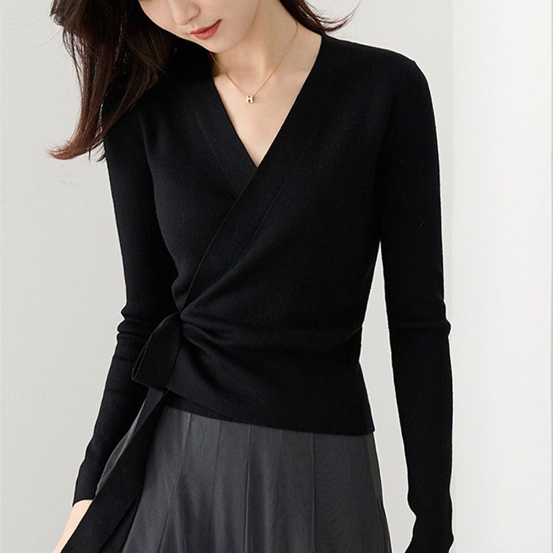 랩 크로스 스트랩 칼라 니트 스웨터 가을과 겨울 새로운 우아한 패션 슬림핏 슬리밍 여성을위한 올매치 베이스 스웨터