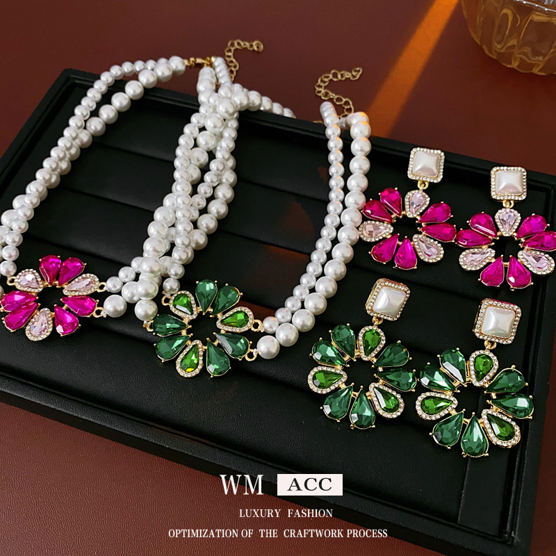 Aguja de plata con diamantes flores pendientes de perlas collares de moda versátil cadena de clavícula multicapa ligera lujo conjunto de joyas de alta calidad