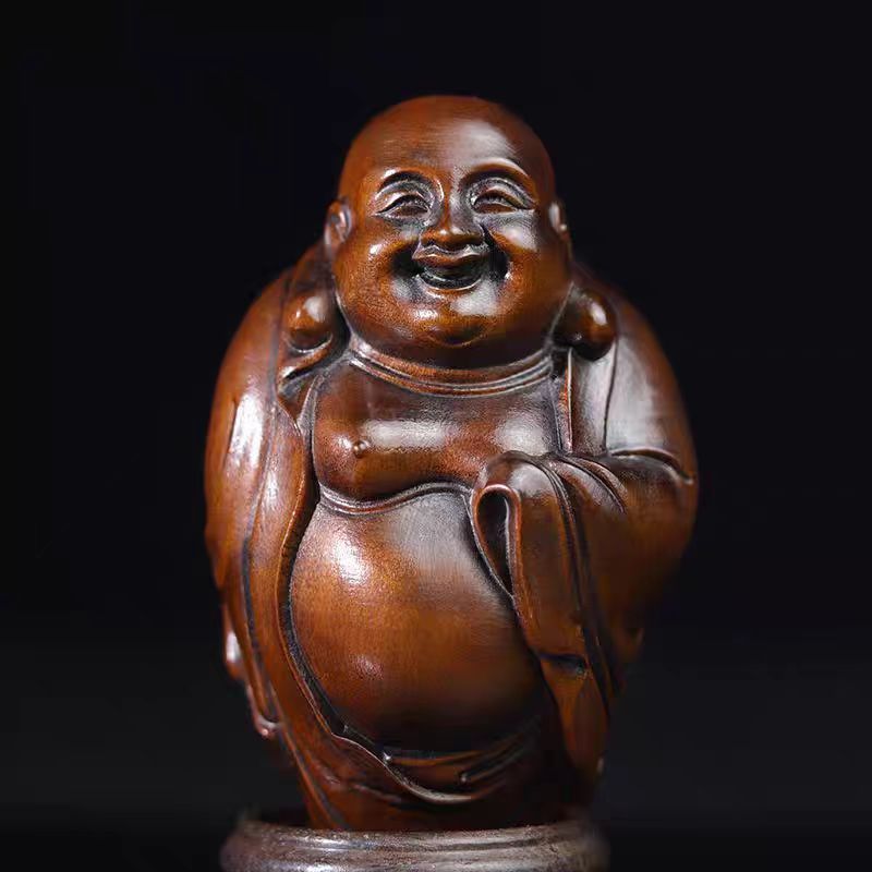 黄杨木老货旧藏笑脸大肚弥勒佛手把件文玩实木雕刻中式工艺品挂件|undefined