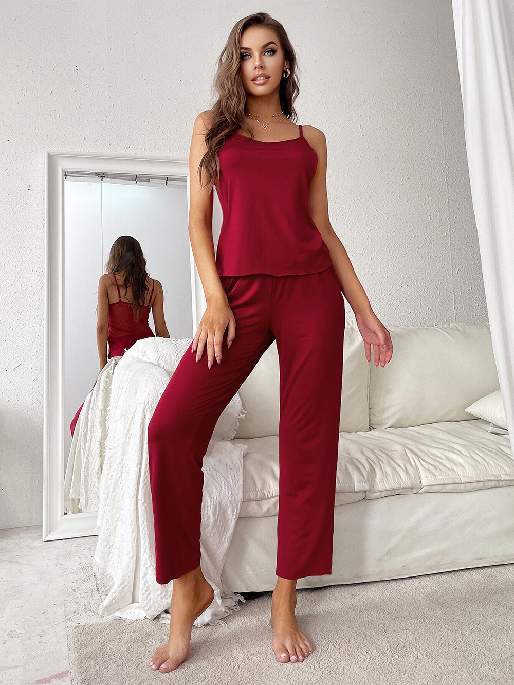 backless suspender slim high waist solid color two-piece Pajamas set NSWFC130807