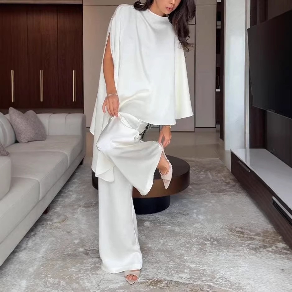 Women's Clothing Women's Fashion Satin Set With Designer Shawl Top And Wide Leg Pants Irregular Two Piece Ensemble_ecoleips.com