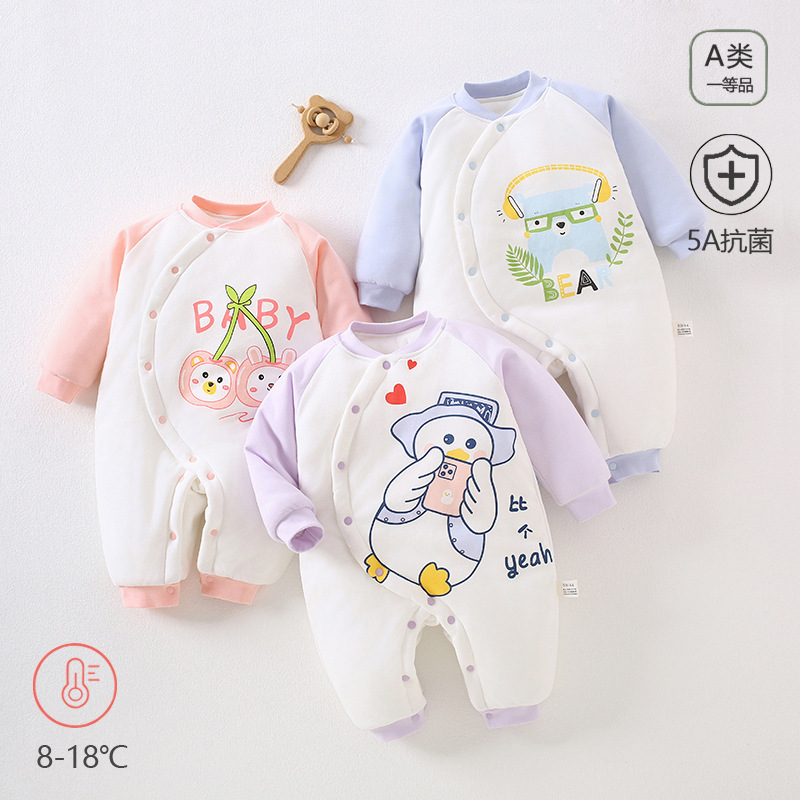 冬款婴儿连体衣夹棉三层保暖加厚新生儿衣服A类纯棉宝宝哈衣爬服