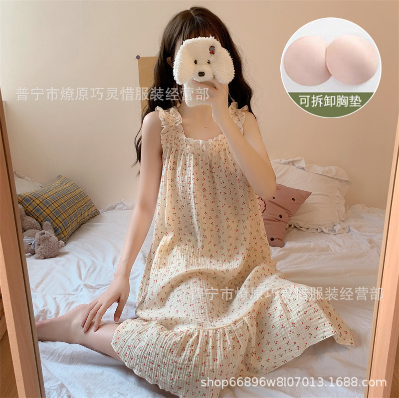 Pijama de cabina para mujeres polvo de cereza de verano algodón trenzado cojín de pecho pijama largo viento rojo de primavera y verano ropa para el hogar