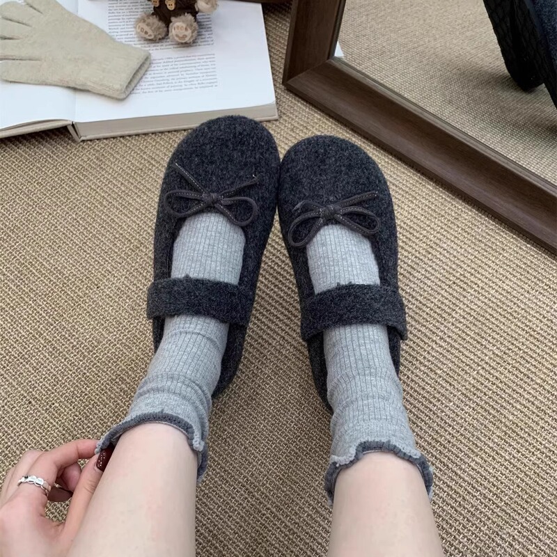 蝴蝶结灰色毛毛鞋女冬外穿新款呢子加绒单鞋平底保暖玛丽珍豆豆鞋|undefined