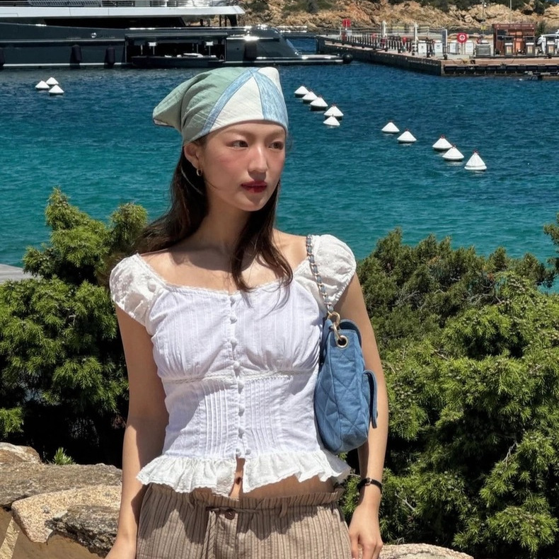 In Stock 2025 Summer New Korean Style G*D Elegant Pure Color Slim Puff Sleeve Lace Ruffle Shirt Top