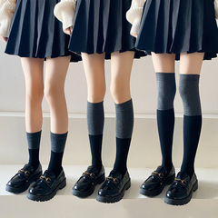 Women's Socks JK Style Solid Color Slimming Grey and Black Striped Knee-High Cotton Socks, Factory Wholesale