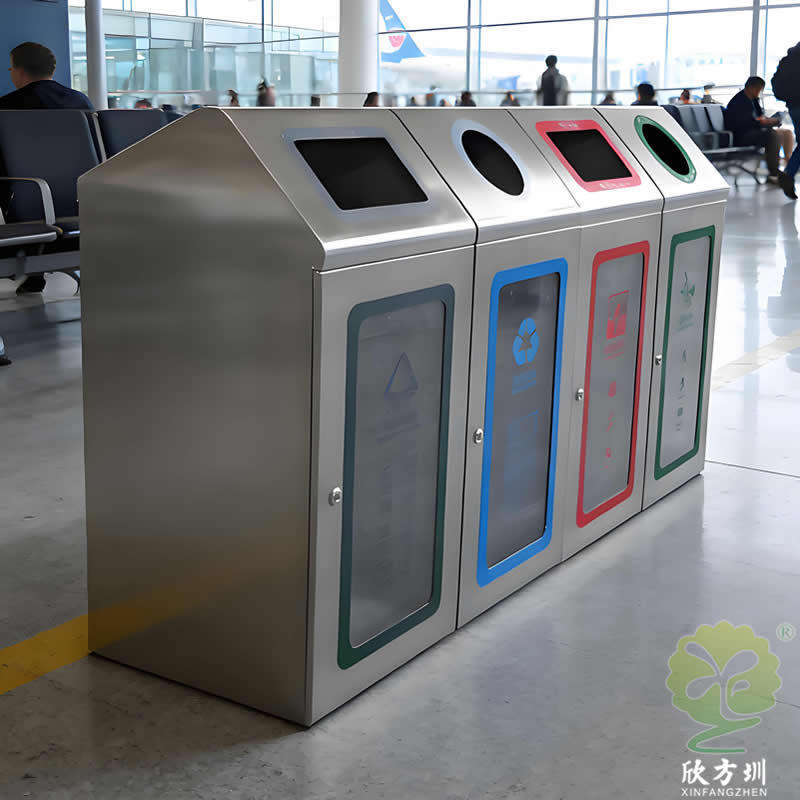 Indoor Combined Subway Station Airport Transparent Explosion-Proof Trash Can Stainless Steel Thickened Four-Category Peel Box