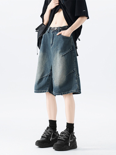 American-style designed pleated denim shorts for men, summer high-street, washed and distressed, five-pocket pants, plus-size straight-leg mid-rise pants