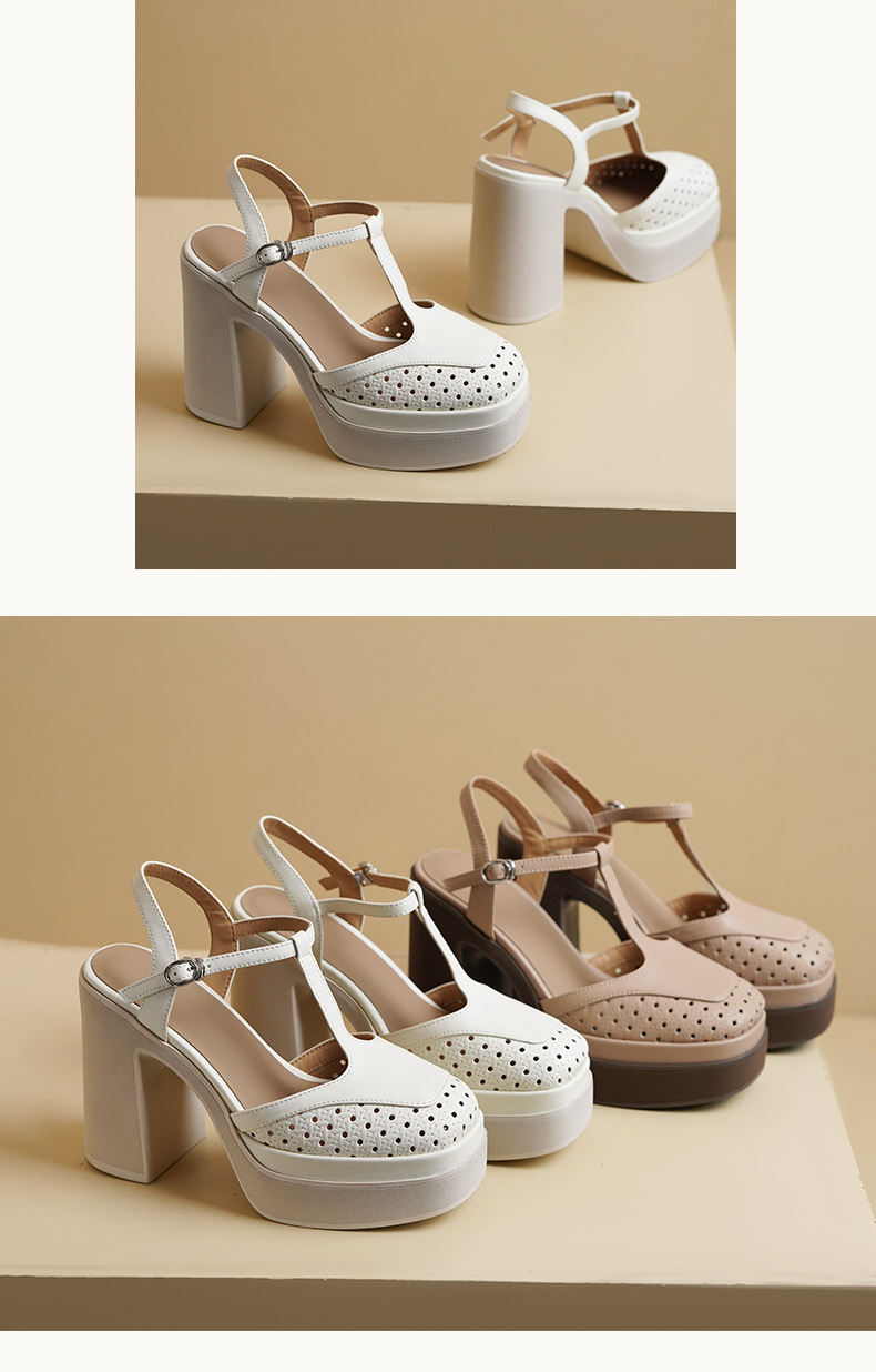 Sandal cao gót nữ mũi nhọn quai T khóa, đế dày 11 cm, phong cách dệt — màu trắng ngà chi tiết 8